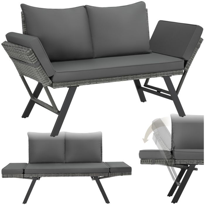 Canapé de jardin - TECTAKE - Fauteuil lounge dextérieur en rotin SINTRA modulable et réglable 2-en-1 157 x 61 x 89 cm - Gris