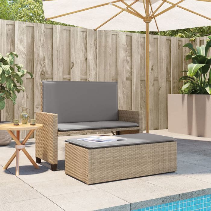 Banc De Jardin 2 En 1 En Polyrotin Beige - Avec Coussins Et Repose-pieds, Convertible En Lit - 6