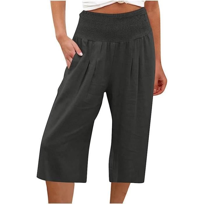 Pantalon Court Femme Été Pantacourt et Lin Jogging léger pour Femme Pantalon de Longueur 3/4 à séchage Rapide Noir#3XL