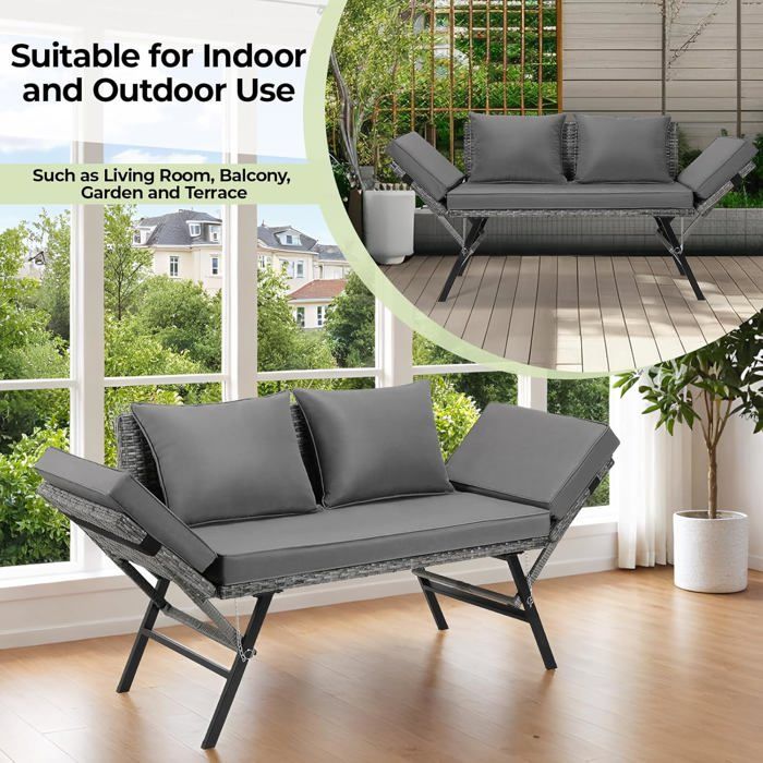 Canapé Jardin Extensible en Rotin 2 Places Salon de Balcon Ensemble de jardin Coussins Amovibles Gris