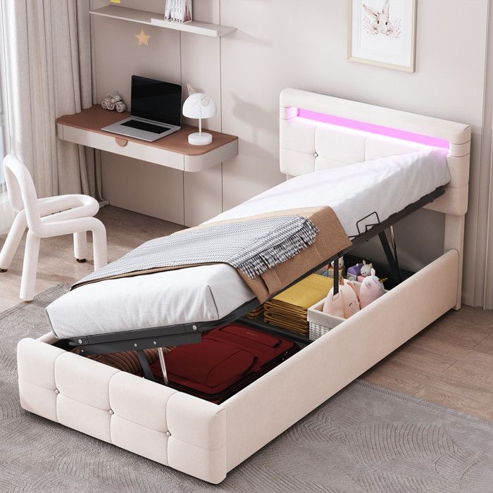 Lit simple rembourré 90x200 cm avec éclairage LED Lit coffre avec tête de lit réglable Lit enfant Lit 1 Personne Velours Beige