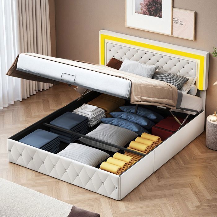 Lit coffre 160x200 cm - DZW - Velours beige - LED intégrée - Coffre de rangement