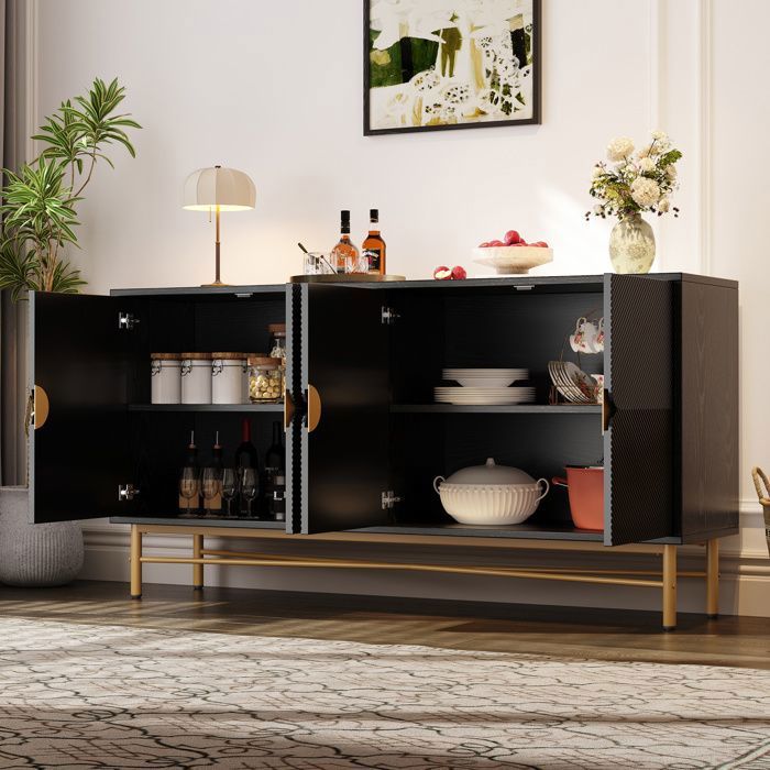 Buffet bahut - Becag - Buffet de salon moderne avec 4 portes - Buffet bas avec texture en relief - 160x40x82cm - Noir