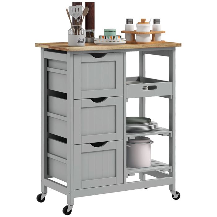Desserte de cuisine - HOMCOM - sur roulettes - plan de travail en bois dhévéa plateau amovible - MDF - 67 x 37 x 85 5 cm - gris Desserte de cuisine - HOMCOM - sur roulettes - plan de travail en bois dhévéa plateau amovible - MDF - 67 x 37 x 85 5 cm - gris