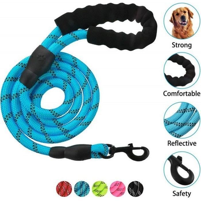 Corde laisse pour chien - ZGEER - 1.5m - Poignée rembourrée - Réfléchissante - Bleu