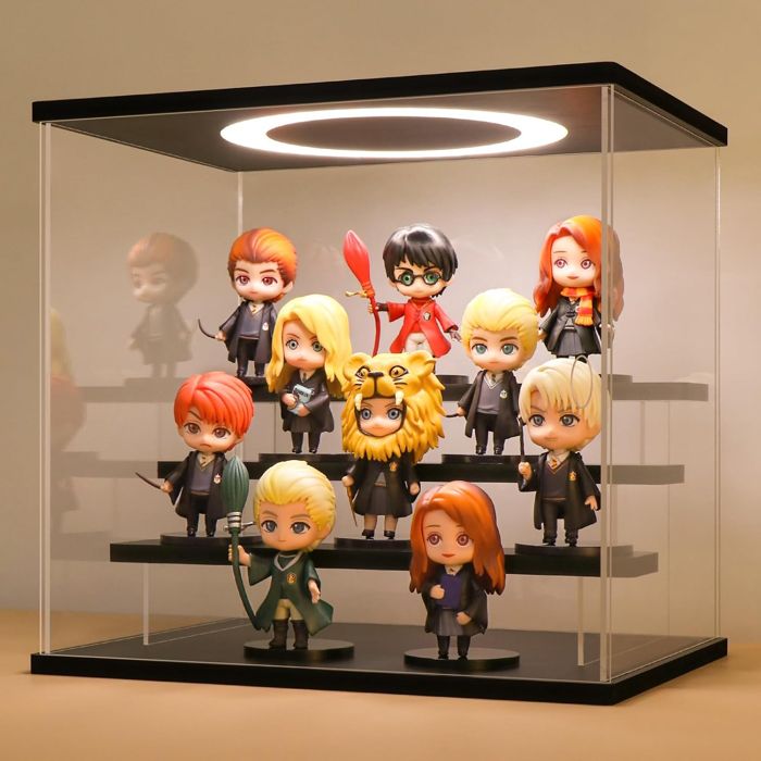 Vitrine armoire de collection avec 4 étagères, 2 portes en verre, éclairage LED 3 couleurs, salon et chambre, 80x36x200, Noir - Maison