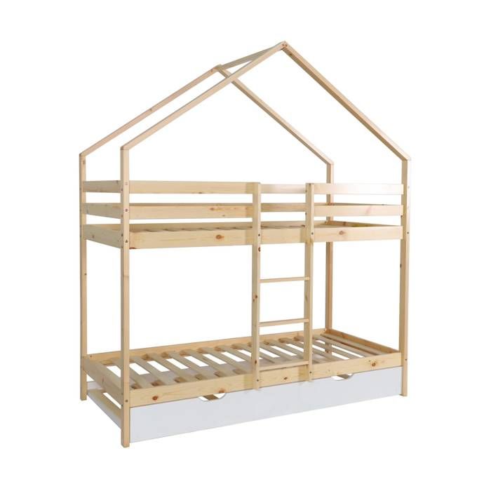 Lit enfant superposé cabane 90 x 190 cm pin naturel avec sommier et tiroir blanc - Roya Lit enfant superposé cabane 90 x 190 cm pin naturel avec sommier et tiroir blanc - Roya