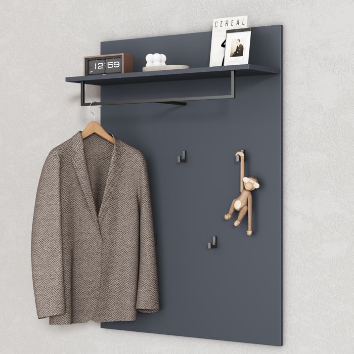 Mai & Mai Porte-manteau Mural Panneau 5 Crochets et Tringle avec Etagère Anthracite Mat Gabo-01 78x21 6x108 cm