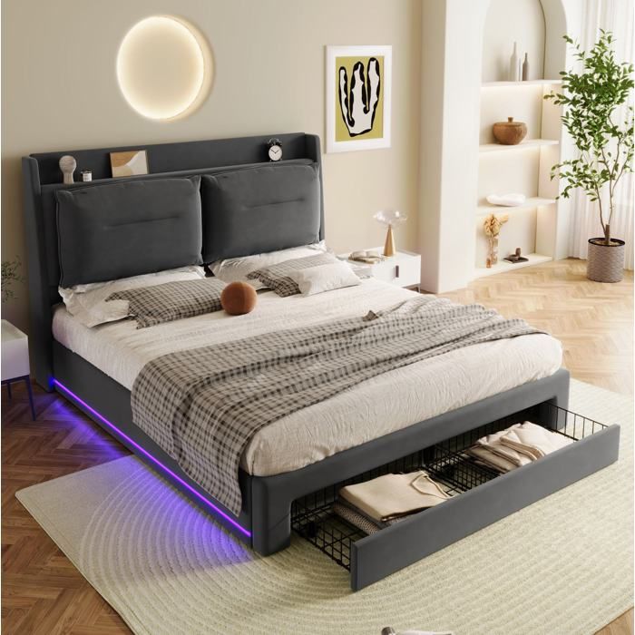 Lit double 140 x 190 cm EVRYAE avec LED coffre hydraulique et tiroir de rangement velours gris foncé