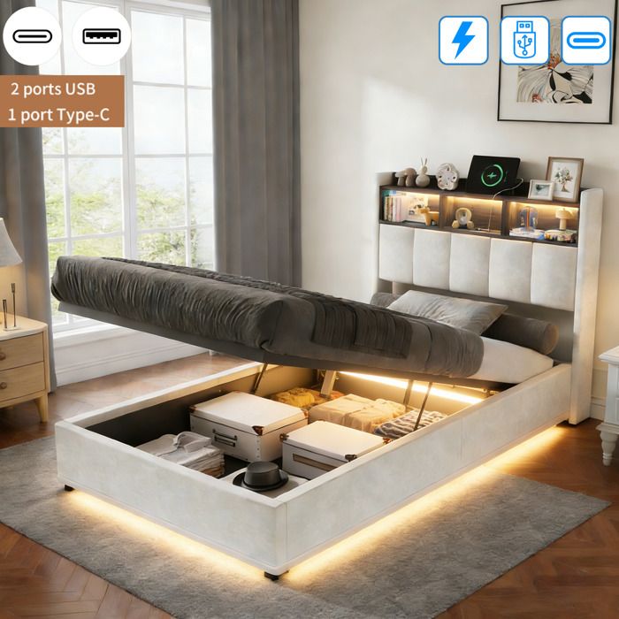 Lit coffre 90x200 cm avec Sommier LED Tête de lit rembourré avec charge USB Type-C Lit une place avec espace de rangement Lin Blanc