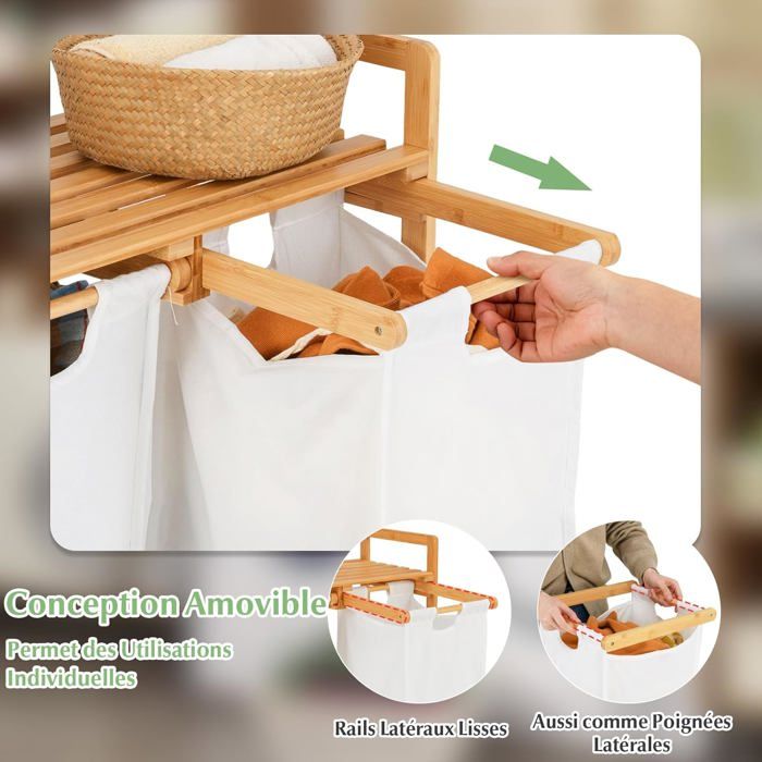 GIANTEX Panier à Linge 2 Compartiments Matériau en Bambou Étagère de Rangement Poignée Pratique (Blanc)