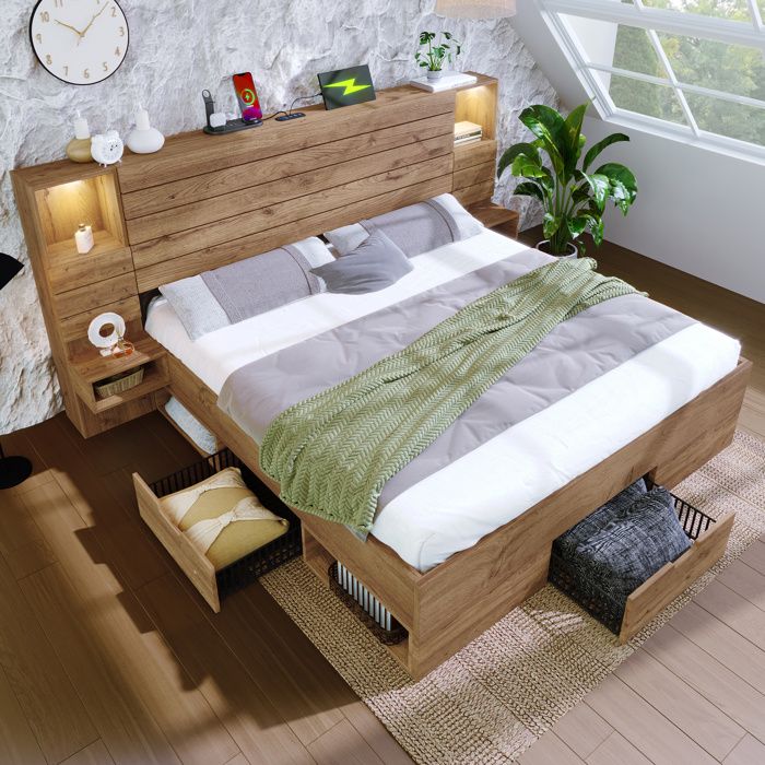 Lit Double 180x200 cm - Lit Adulte avec Rangement et Éclairage LED - Port USB et Niche Lumineuse - Sans Matelas - Bois - Chêne