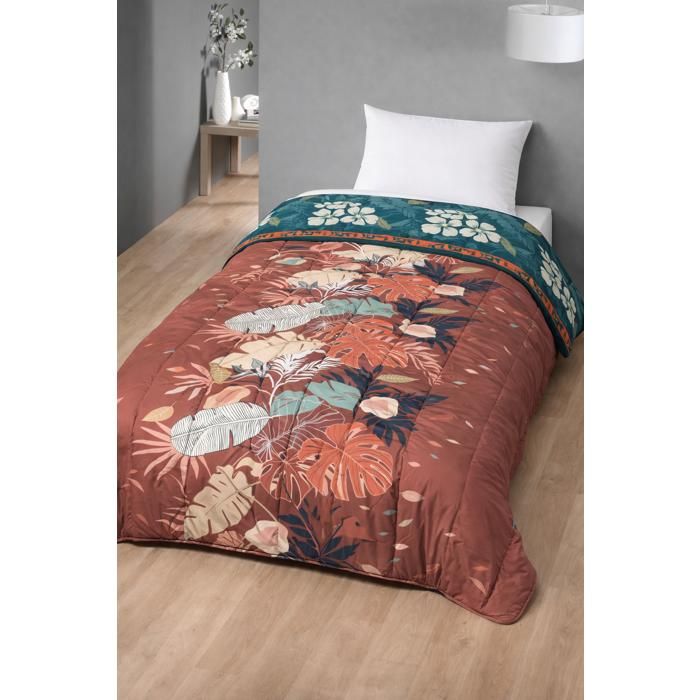 Couette chaude 140 x 200 cm 1 personne - Microfibre 450 g/m² motif Végétal Ébène - Fabrication française MORTREUX