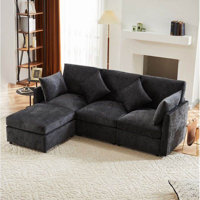 Canapé d’angle modulable gris 3-4 places 216 x 161 x 81 cm avec pouf mobile et 4 coussins