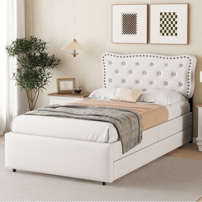 ULEVR lit rembourre 90 x 200 cm beige clair avec tete de lit reglable 2 tiroirs et 12 lattes