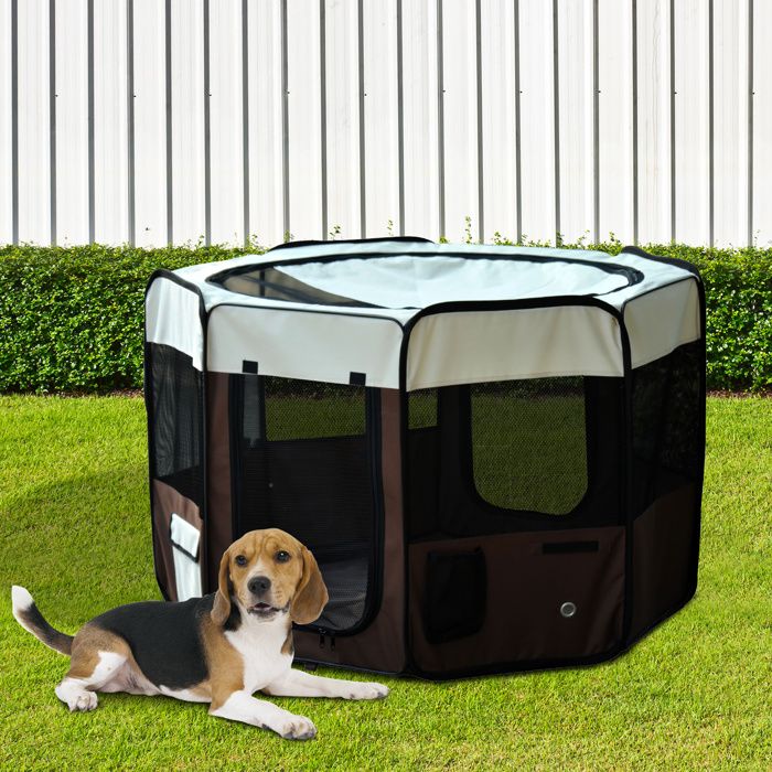 MOTHINESSTO1433-Parc enclos pliable pour chien chat petits animaux octogonal en tissu Oxford et acier Ø 90 x 41H cm marron beige