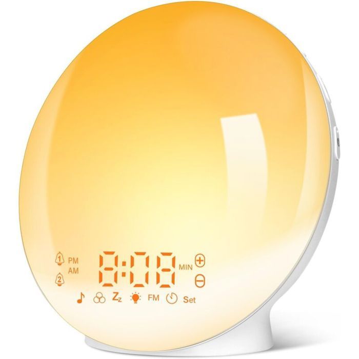 Eveil Lumière LED Radio Réveil Matin Lumineux Lampe de Chevet 20 Niveaux de Luminosité Simulateur dAube et Crépuscule