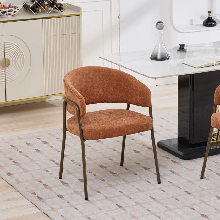 Chaise de salle à manger - 57 x 54 5 x 79 5 cm - Chenille douce accoudoirs ergonomiques pieds métal laiton anti-taches - Orange