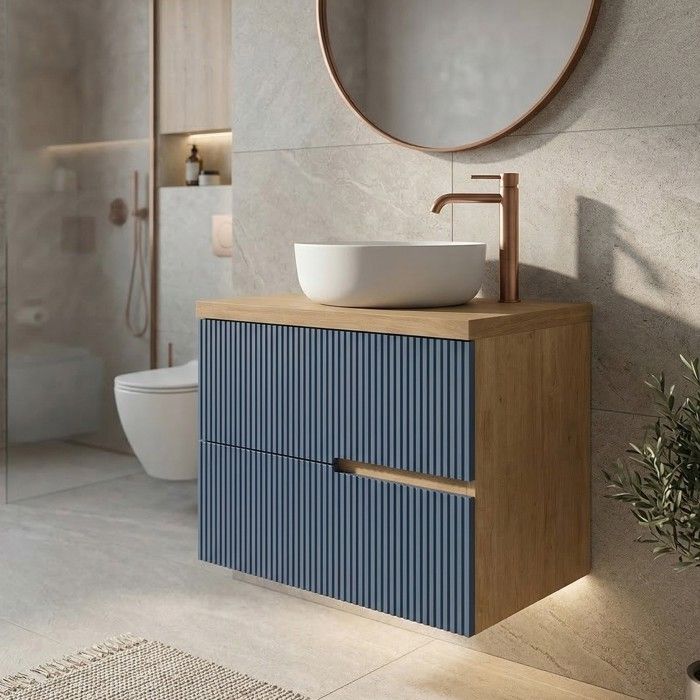 Meuble vasque à poser L.60cm suspendu Chêne naturel 2 tiroirs Bleu Mer cannelé EVA - sans colonne