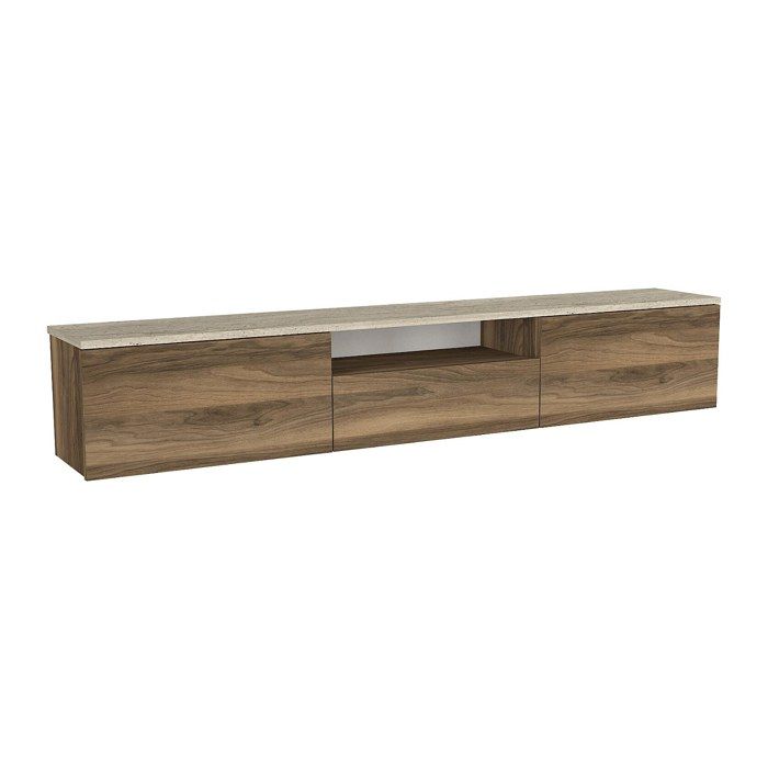 Meuble TV suspendu avec 3 portes et 1 niche - Naturel foncé et effet travertin beige - LOTULA Meuble TV suspendu avec 3 portes et 1 niche - Naturel foncé et effet travertin beige - LOTULA