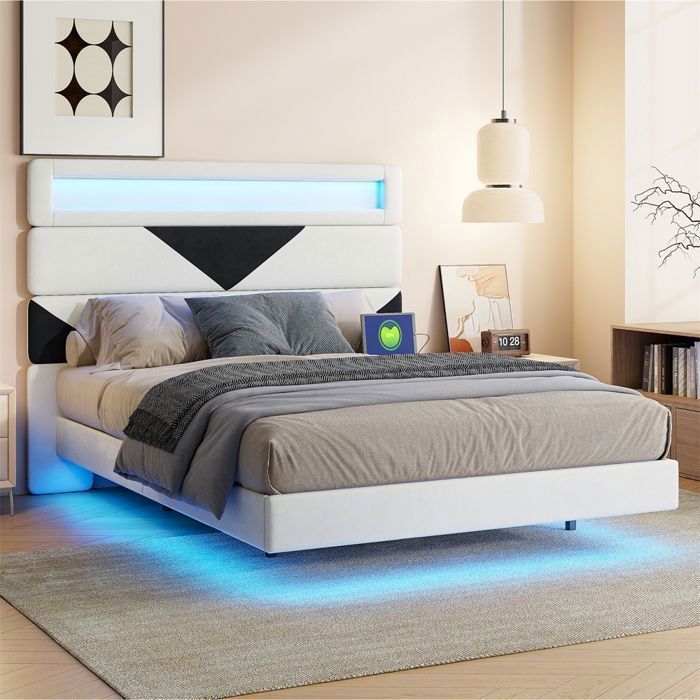 Lit double 160x200cm - Lit rembourré  160x200cm avec LED et Ports de Charge - Design Bicolore Noir et Beige Crème - Sans matelas