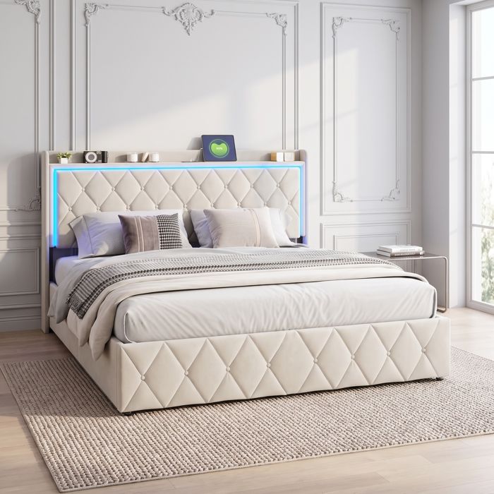 Lit 140x200 cm - structure de lit - RWUDV - lit double - lit capitonné - LED - USB - lit adulte 160x200 - sommier - Velours- Beige