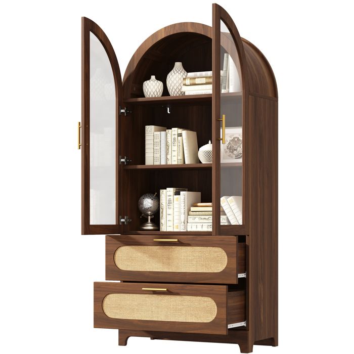 Vitrine avec arc Montmartre 175x80x40cm bibliothèque rétro 2 tiroirs et étagères réglables finition noyer