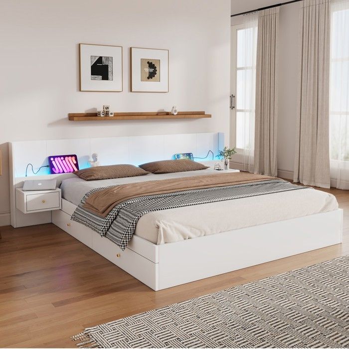 Lit double - 180 x 200 cm - LED intégrée - Ports USB - Tiroirs et 2 tables de nuit