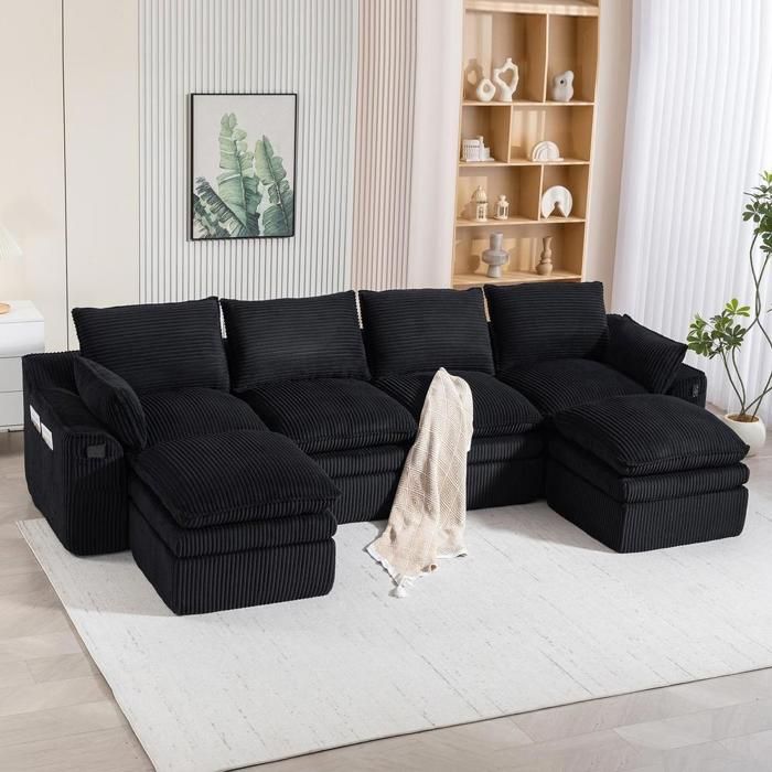 Canapé modulable - KOMHTOM - Modulaire 4 places - Velours côtelé - 2 poufs inclus - Rangements latéraux
