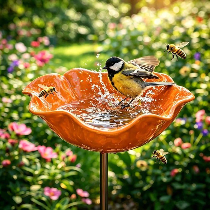Bain doiseaux abreuvoir abeilles en métal orange – motif fleur résistant intempéries décoration artisanale élégante pour jardin