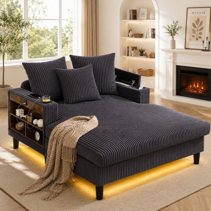 Fauteuil lounge corde gris foncé multifonction avec méridienne LED USB porte-gobelets et rangement 129x170x70cm Fauteuil lounge corde gris foncé multifonction avec méridienne LED USB porte-gobelets et rangement 129x170x70cm
