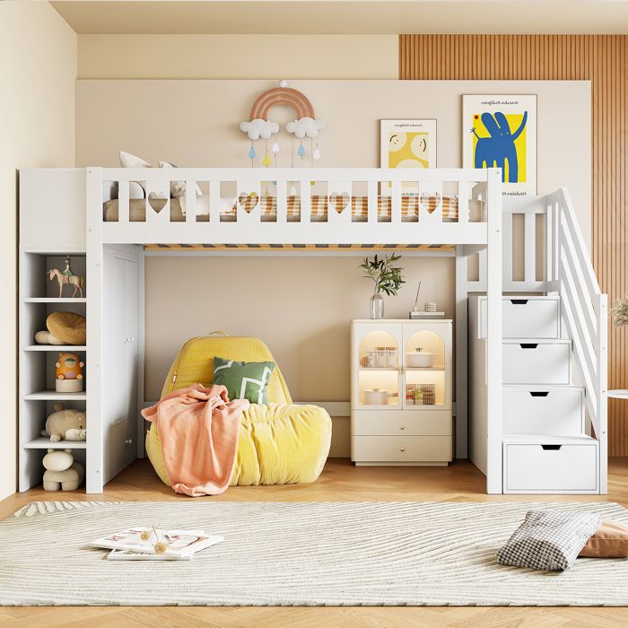 Lit mezzanine - KOMHTOM - 90 x 200 cm - escalier de rangement - armoire rabattable - blanc Lit mezzanine - KOMHTOM - 90 x 200 cm - escalier de rangement - armoire rabattable - blanc
