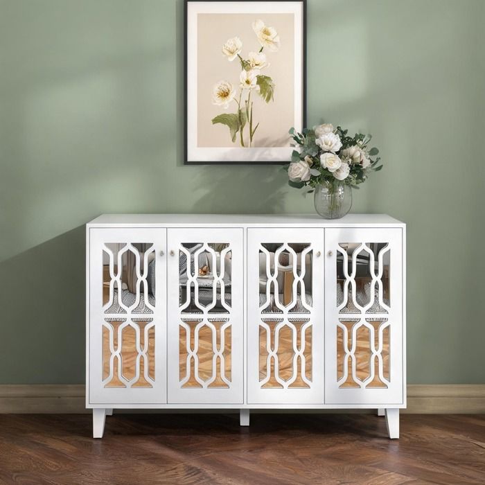 Buffet blanc miroir à portes et étagère réglable 160 x 40 x 84 cm style luxueux