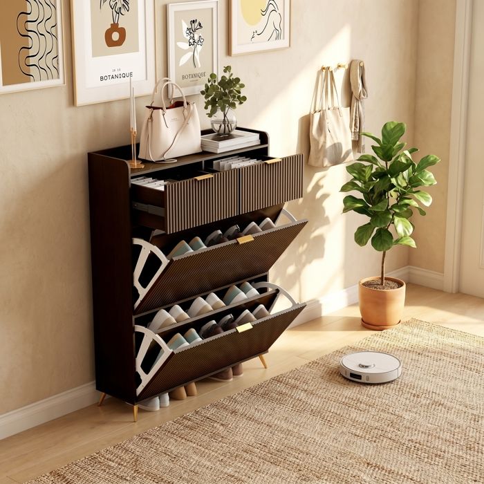 Meuble à chaussures - Étagère à chaussures avec 2 abattants et 2 tiroirs -Anajqaqia- Meuble à chaussures étroit anti-poussière -Noir