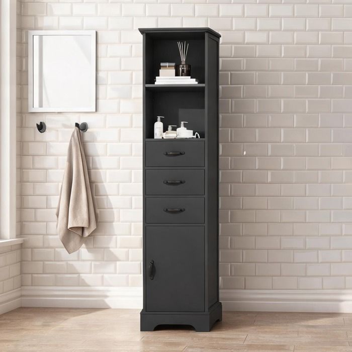 Colonne de salle de bain en MDF laqué noir 38 x 26 x 1725 cm 3 tiroirs 2 étagères ouvertes et porte