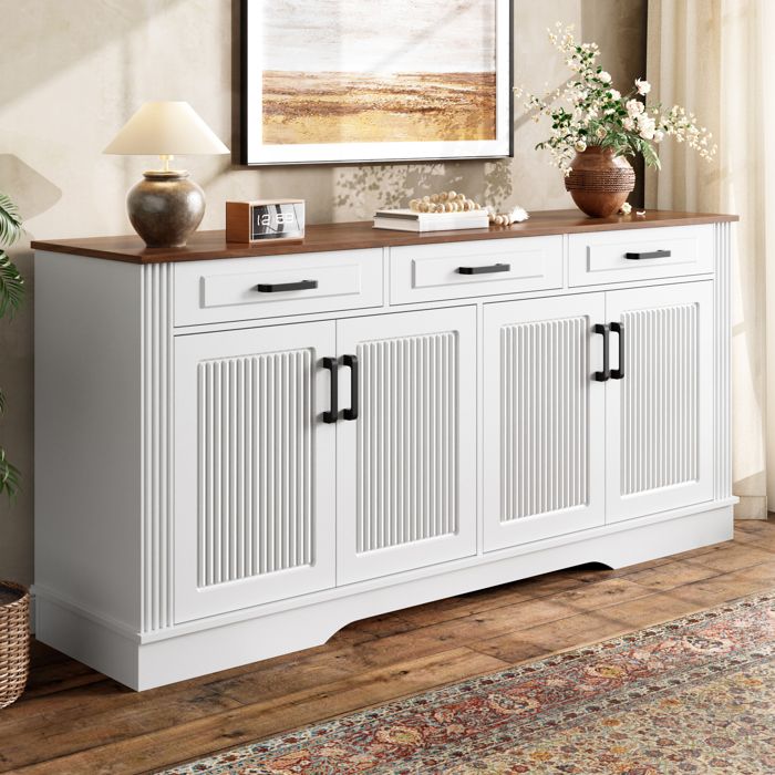 Buffet 160 x 40 x 75 cm - 4 portes rainurées - 3 tiroirs - étagères fixes - MDF blanc