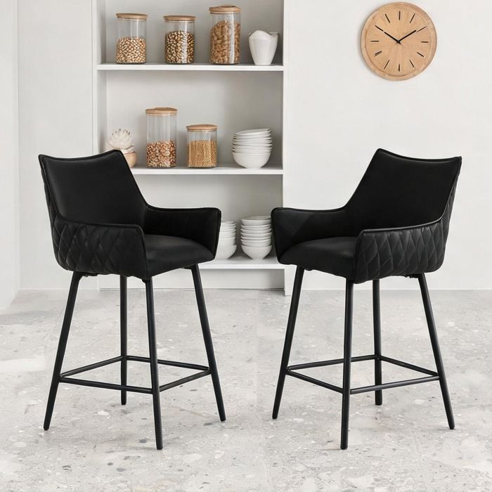 Lot de 2 tabourets de bar vintage en simili cuir anthracite et métal noir hauteur 90 cm assise ergonomique avec accoudoirs