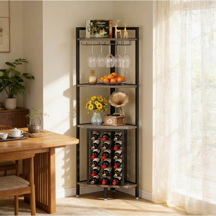 Étagère d’angle porte-bouteilles 4 niveaux 58 x 40 x 161 cm 18 bouteilles 6 supports à verres MDF métal gris
