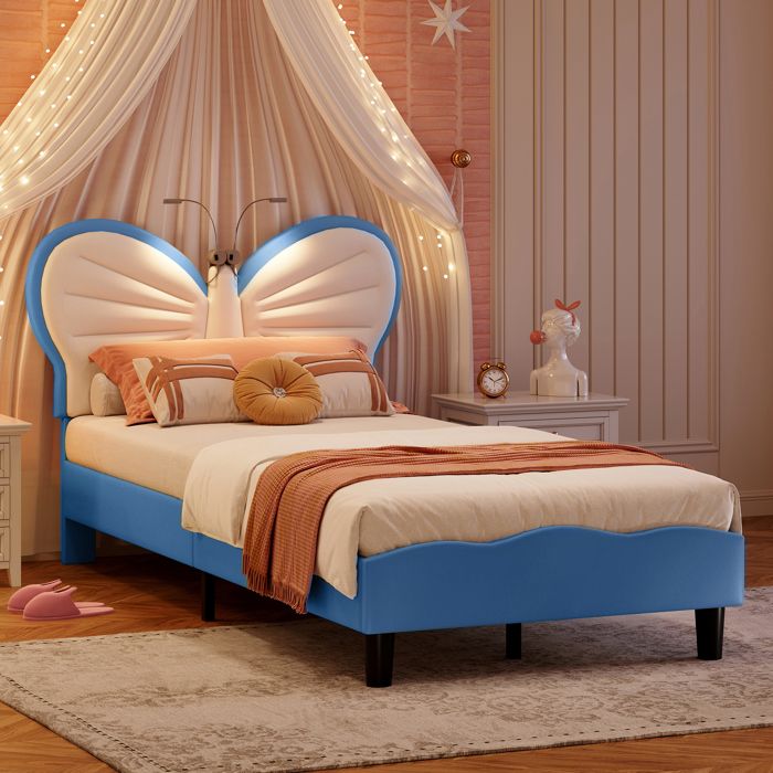 Lit Enfant 90x200 cm Rembourré Lit Princesse pour Fille avec Tête de Lit Papillon Velours et PU Bleu Sans Matelas