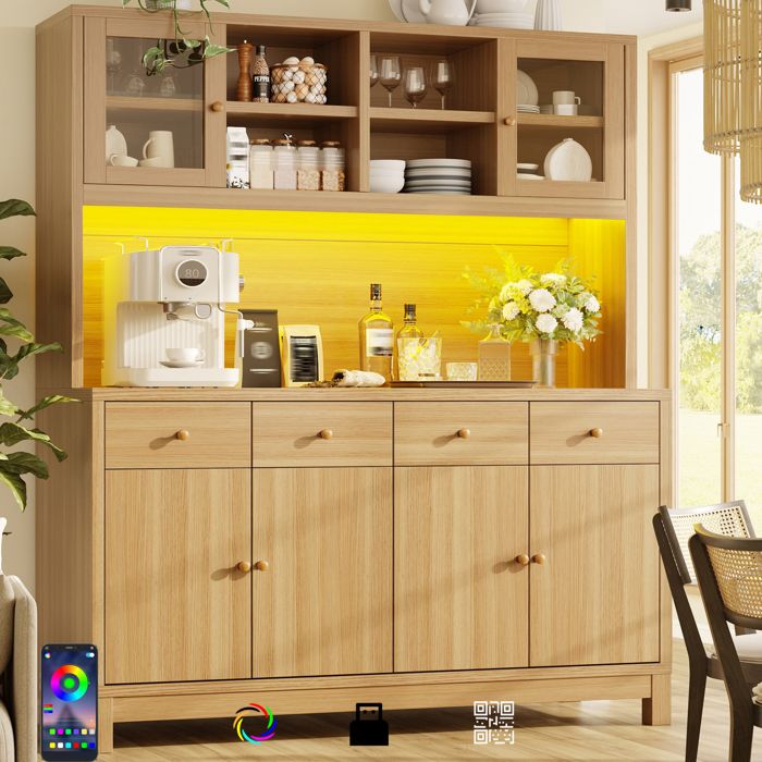 Buffet de cuisine haut EVRYAE 140 x 385 x 180 cm avec LED RGB portes vitrées 4 tiroirs décor bois naturel