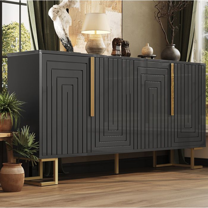 Buffet Bas Géométrique 2 Portes 4 Compartiments - BEAUNIV - Poignées Dorées Pieds Métalliques MDF Noir 152×40×75 cm