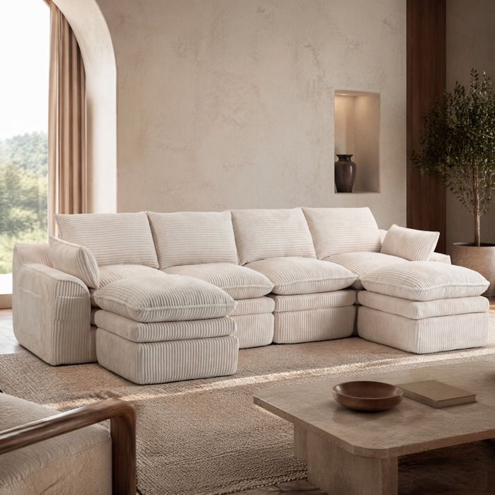 Canapé Modulaire 4 Places avec 2 Poufs et Poches Latérales - BEAUNIV - Mousse 3 Couches Velours Côtelé Beige