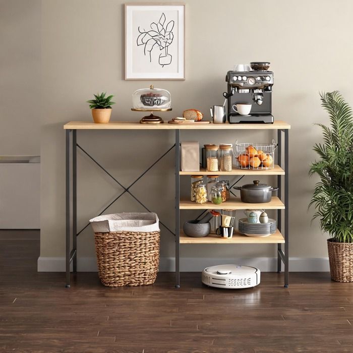 Meuble étagère industriel 120 cm en métal noir et MDF aspect bois naturel table de rangement modulable pour cuisine ou salon