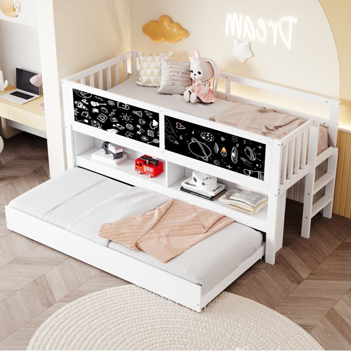 Lit Combiné 1 Place avec Couchage Gigogne Panneaux Ardoise et Rangements Ouverts 90×200 cm sans Matelas