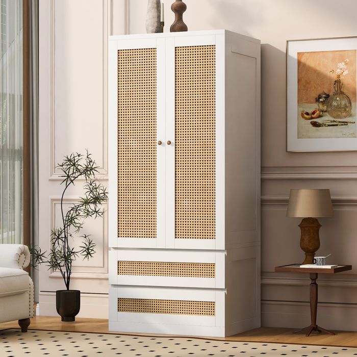Armoire de chambre 70 x 55 x 170 cm avec tiroirs et étagères façades imitation rotin grande rangement design moderne Blanc