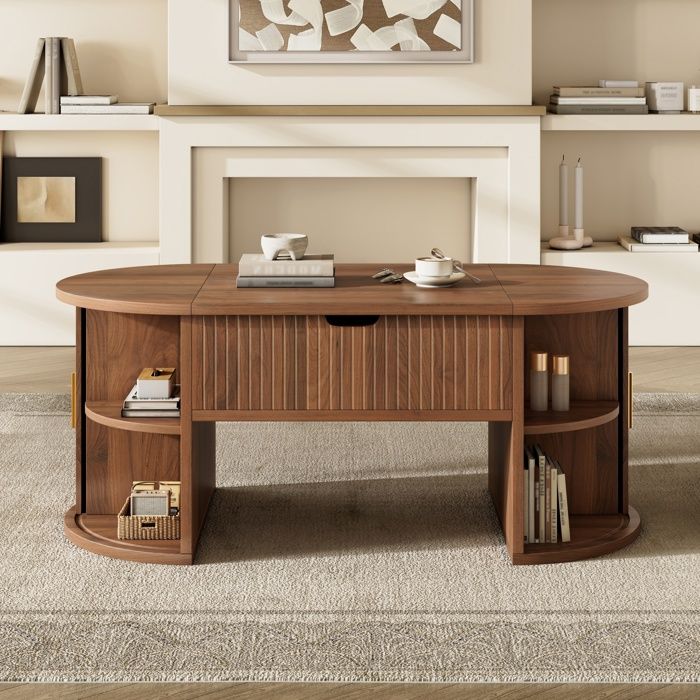 Table basse relevable avec rangement caché étagères ouvertes et portes coulissantes table de salon moderne