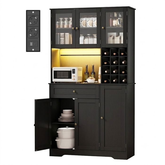 Buffet Haut Cuisine - Bealife - 6 Portes - 1 Tiroir - 1 Niche - Casier à Bouteilles Amovible - Armoire 180 - Meuble Rangement Noir