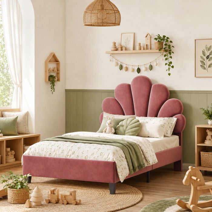Lit Simple Fille  90x200 avec Sommier à Lattes - Lit Enfant avec Tête de Lit Pétale Réglable - Lit Une Place - Velours Doux Rouge