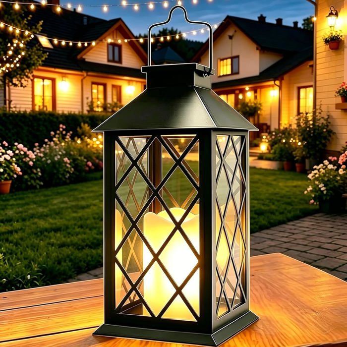 Lanterne Solaire Extérieur 35cm 2 Pièces Suspension Lampe Bougie LED Flamme Vacillante IP44 Déco Jardin Terrasse Noir [A+++]