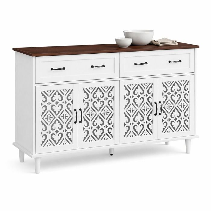 Buffet vintage blanc – 4 portes sculptées 2 tiroirs 150 cm